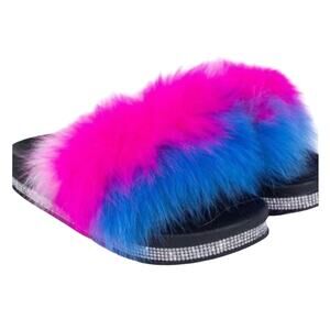 Akira NWOT Azalea Wang Dreamt We Spoke Rainbow Furry Slides Sandals Sz 8 Y2K